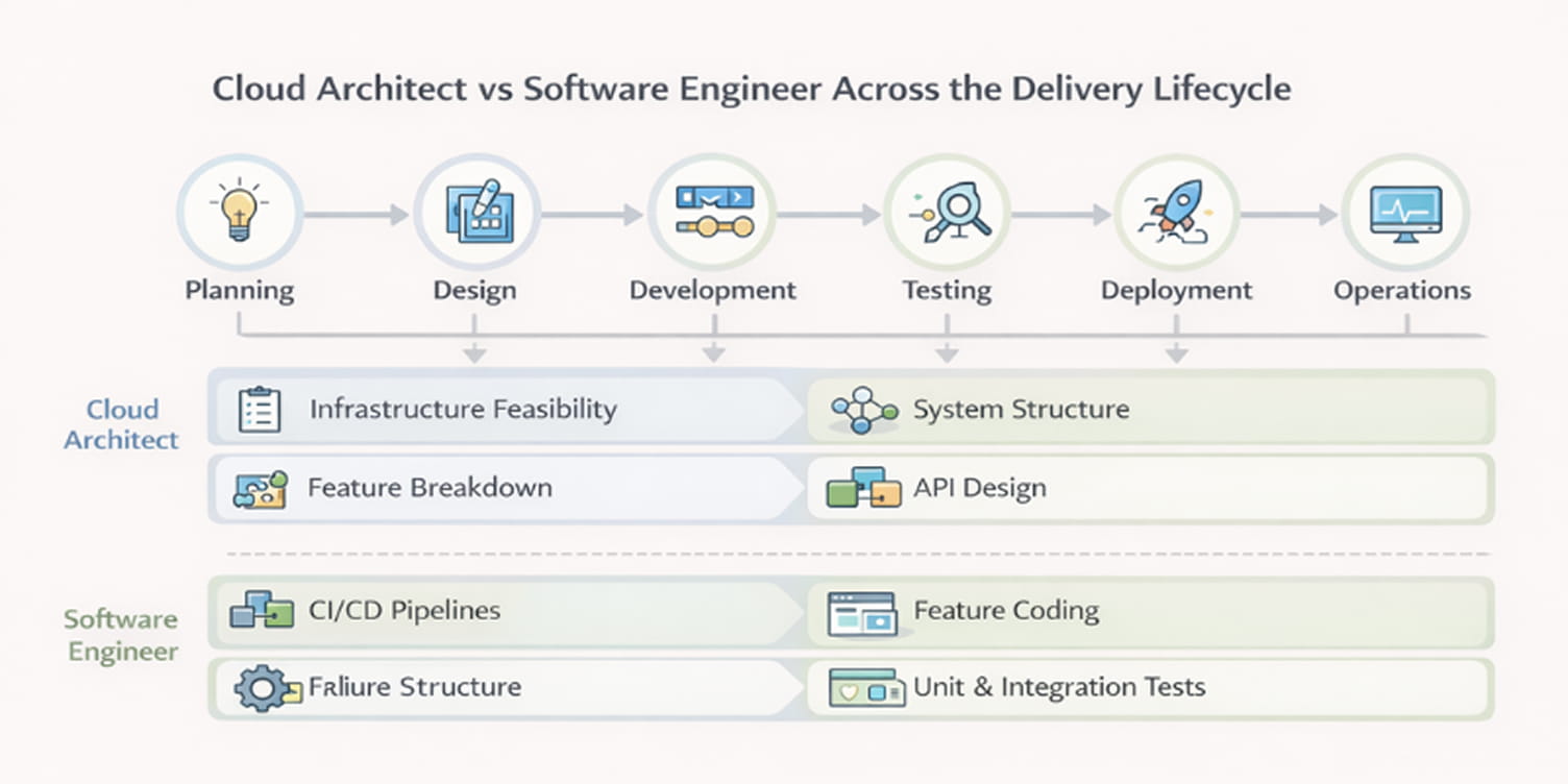 An image that represent Cloud architect vs software engineer roles across delivery lifecycle